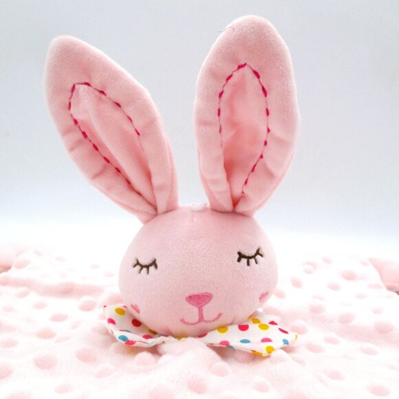 Pink Bunny Lovey Rattle Teether Blanket W/ Tags For Babies Minky & Polka Dot Bac - Picture 2 of 5
